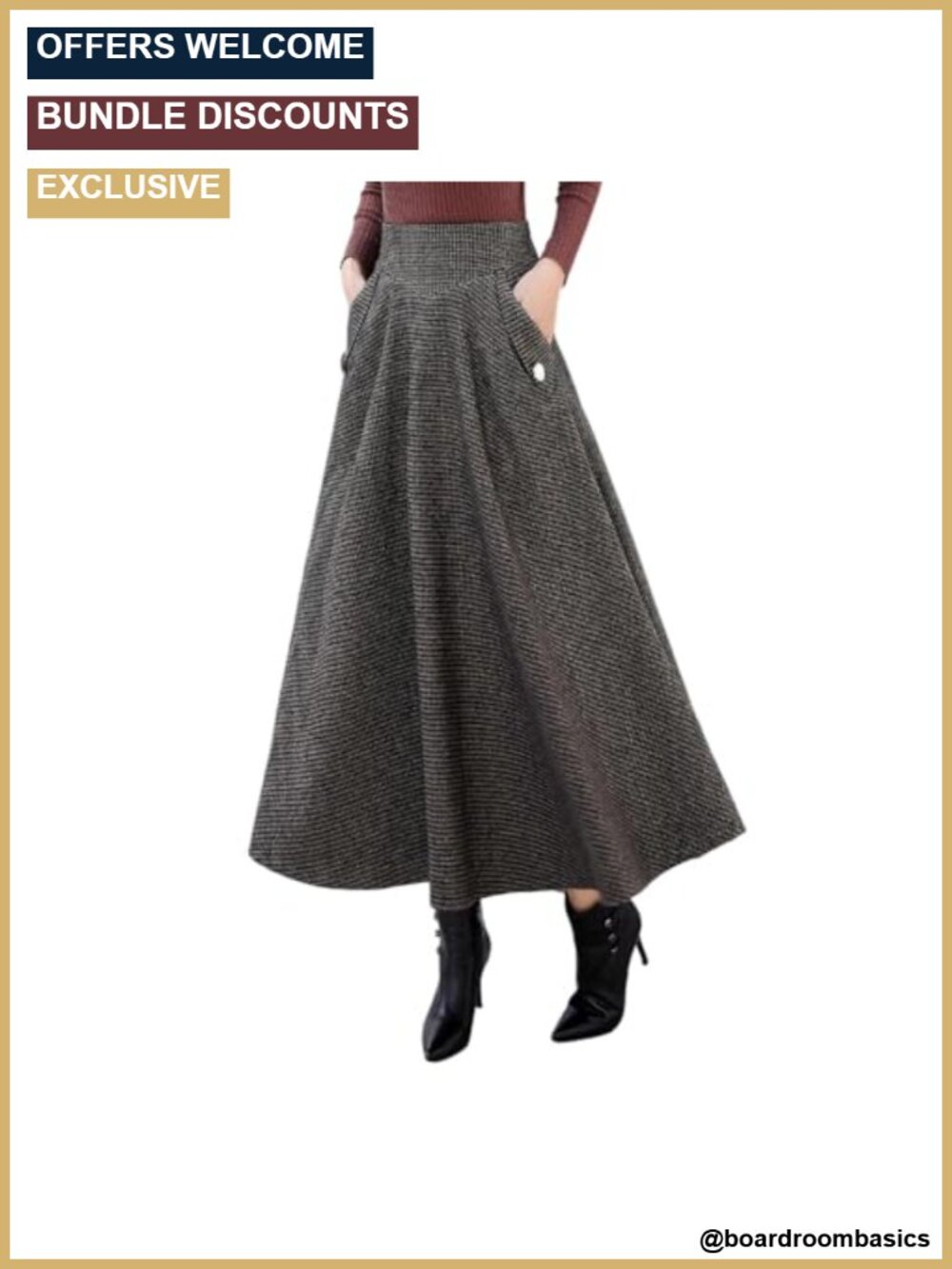 Wool Blend Plaid A-Line Long Maxi Skirt High Waist Elastic